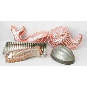 Set Of 5 Vintage Copper-Tone Aluminum Jelly Mold Fish & Cornucopia Designs Assor